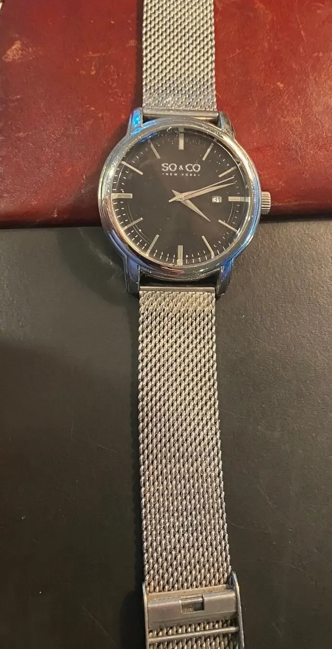 Men's 42mm silver Tone SO & CO watch, Adjustable Mesh Band, Date